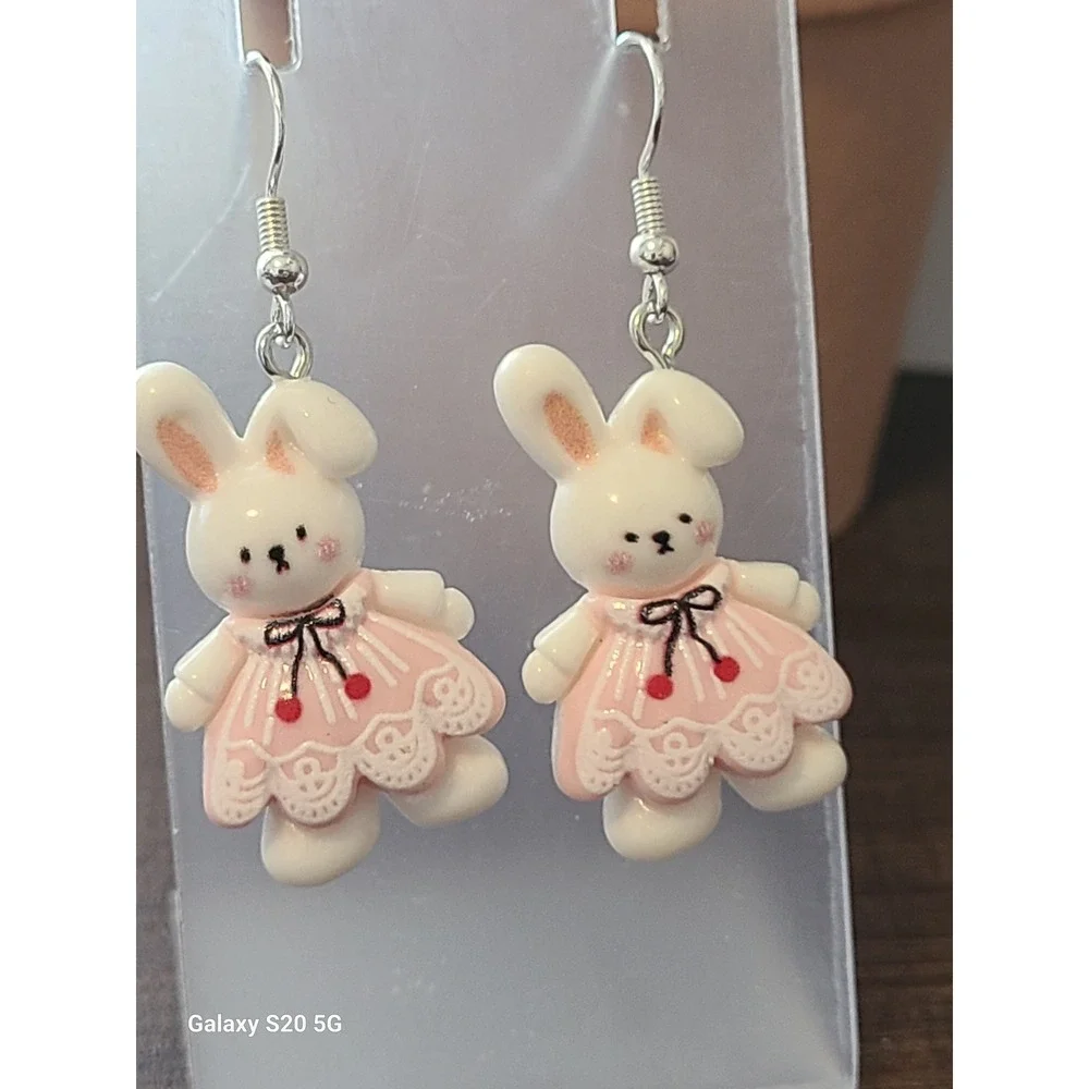 Handmade Pink Bunny‎ Rabbit Dress Drop Earrings Cottagecore Whimsical Jewelry